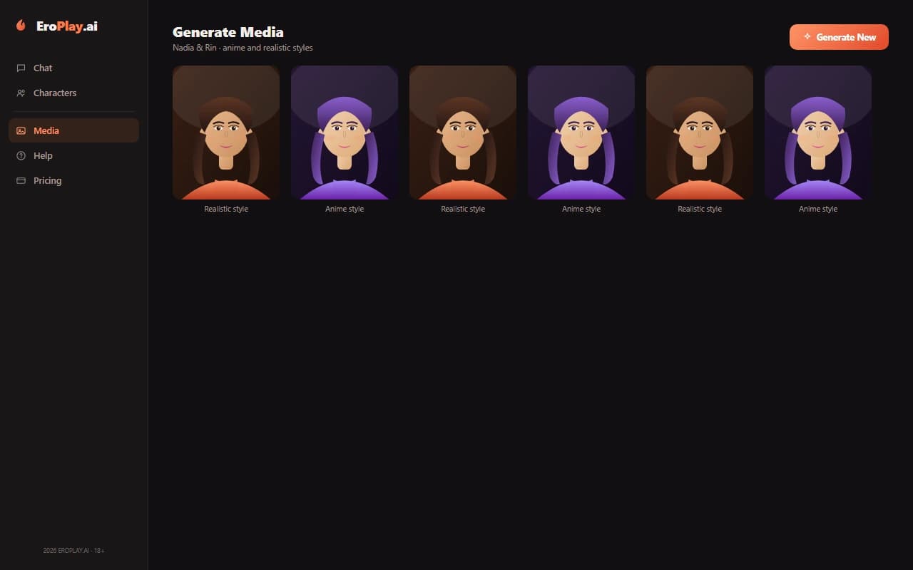 EroPlay.ai image generation results grid showing companion portraits in anime and realistic styles EroPlay.ai image generation results grid showing companion portraits in anime and realistic styles