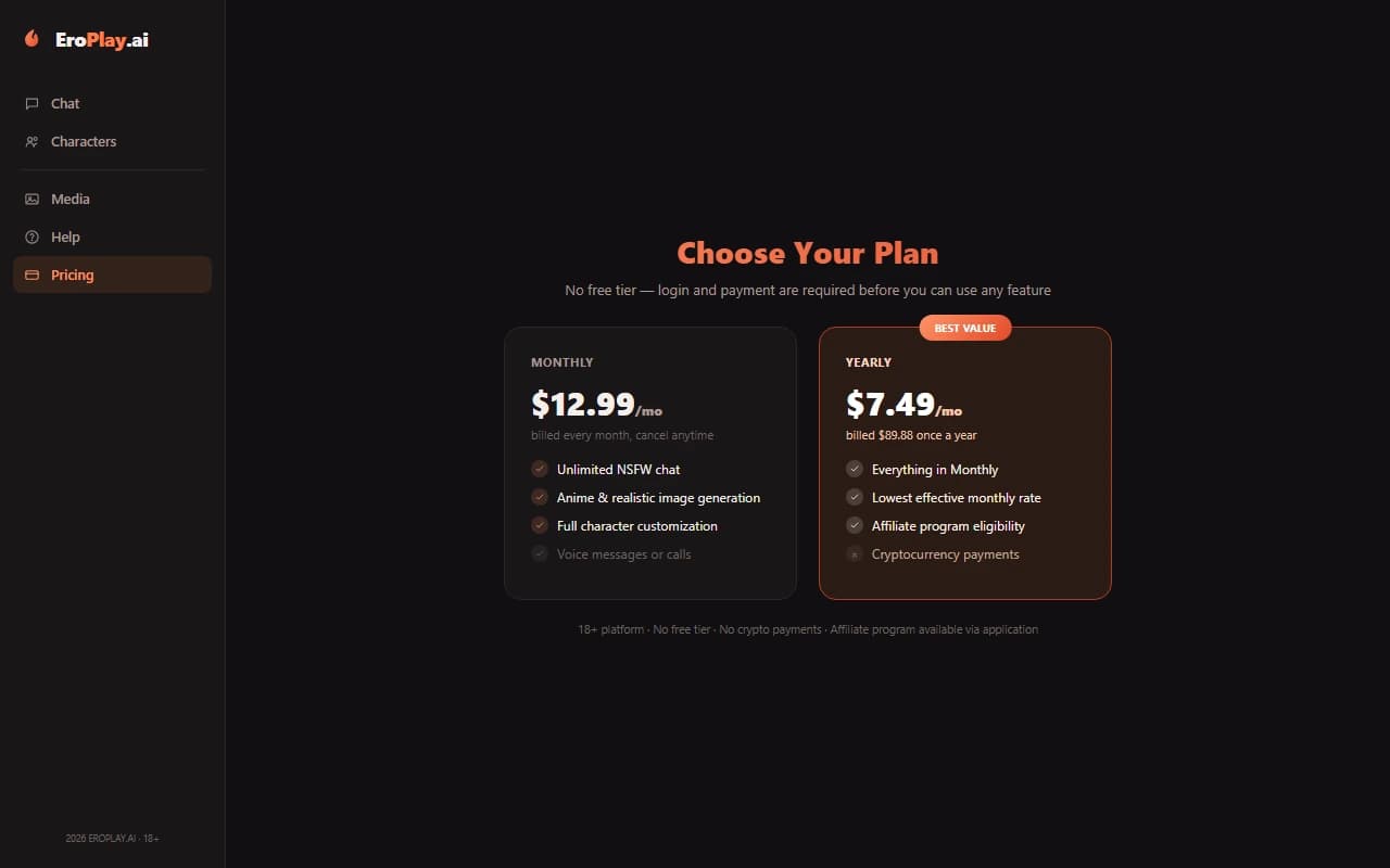 EroPlay.ai pricing page showing monthly and yearly subscription plans EroPlay.ai pricing page showing monthly and yearly subscription plans