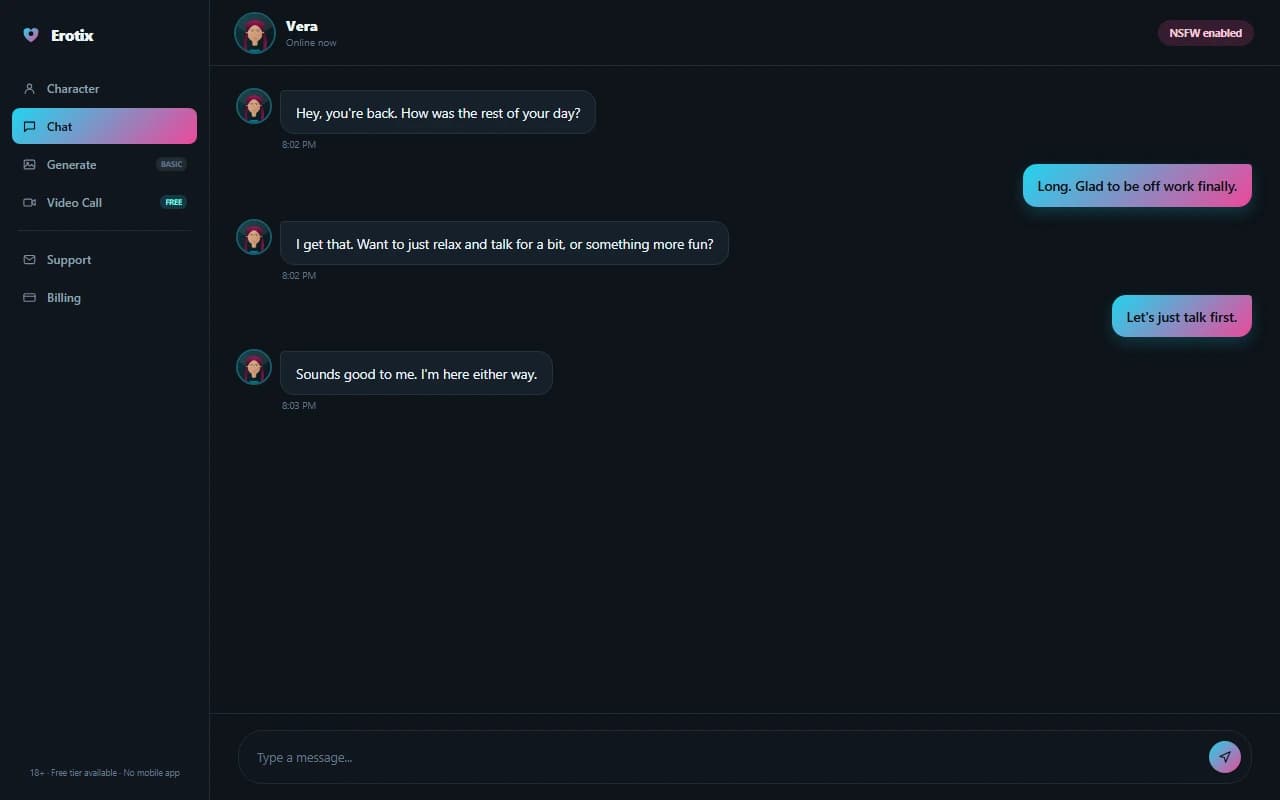 Erotix chat interface showing a conversation with an AI companion Erotix chat interface showing a conversation with an AI companion