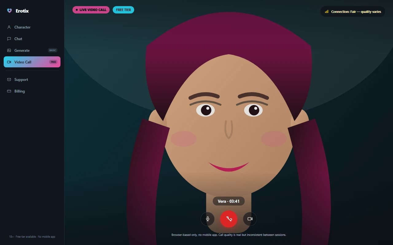 Erotix video call screen showing a live call in progress with an AI companion Erotix video call screen showing a live call in progress with an AI companion