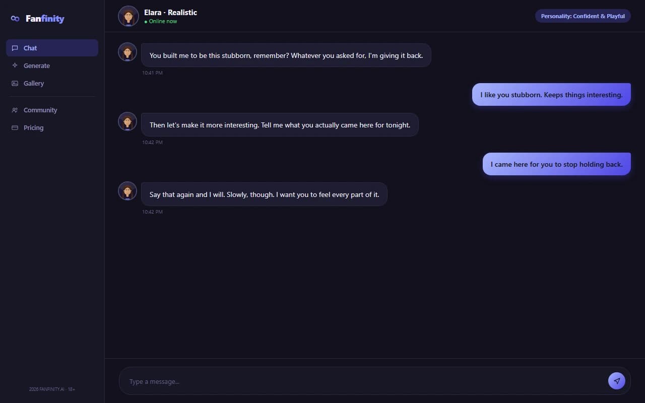 Fanfinity chat interface showing an NSFW conversation with a customized AI companion Fanfinity chat interface showing an NSFW conversation with a customized AI companion