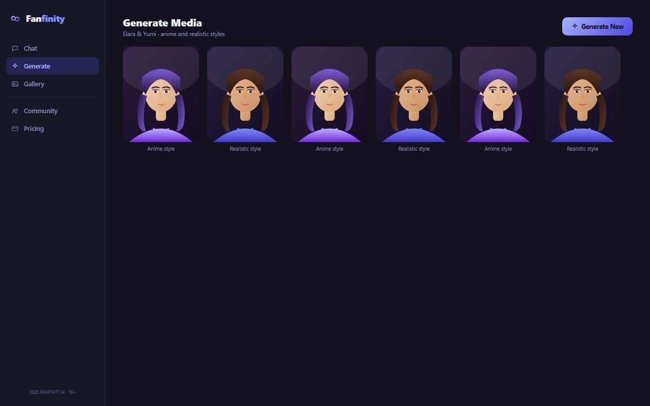 Fanfinity image generation results grid showing companion portraits in anime and realistic styles Fanfinity image generation results grid showing companion portraits in anime and realistic styles