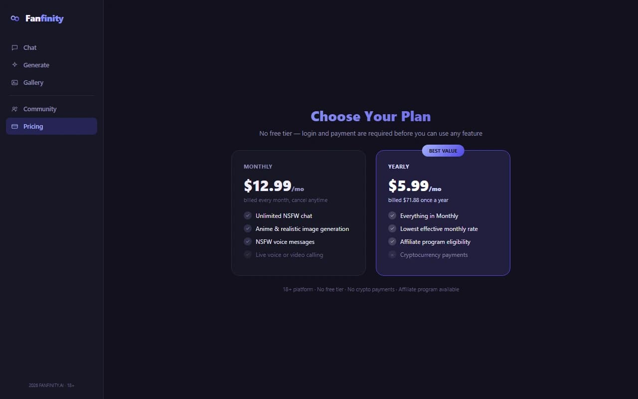 Fanfinity pricing page showing monthly and yearly subscription plans Fanfinity pricing page showing monthly and yearly subscription plans