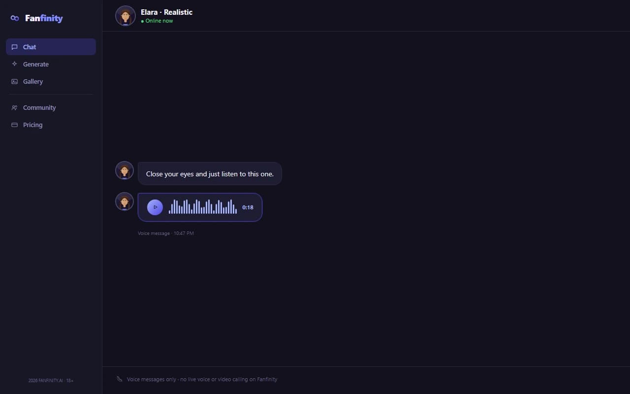 Fanfinity chat showing a voice message bubble with waveform and duration Fanfinity chat showing a voice message bubble with waveform and duration