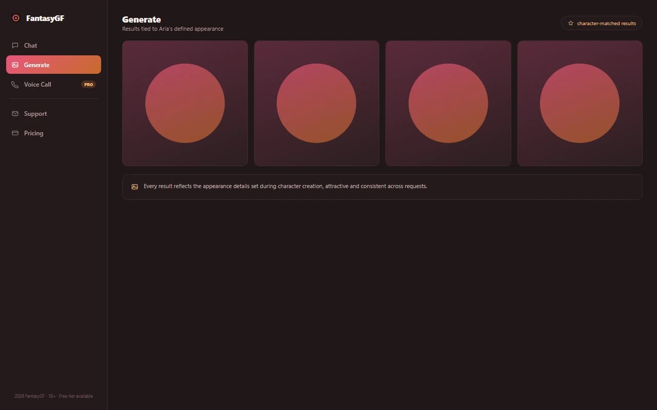 FantasyGF interface showing a generated NSFW image results grid tied to a character FantasyGF interface showing a generated NSFW image results grid tied to a character
