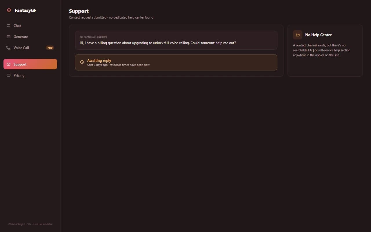 FantasyGF interface showing a slow-to-respond support inquiry FantasyGF interface showing a slow-to-respond support inquiry