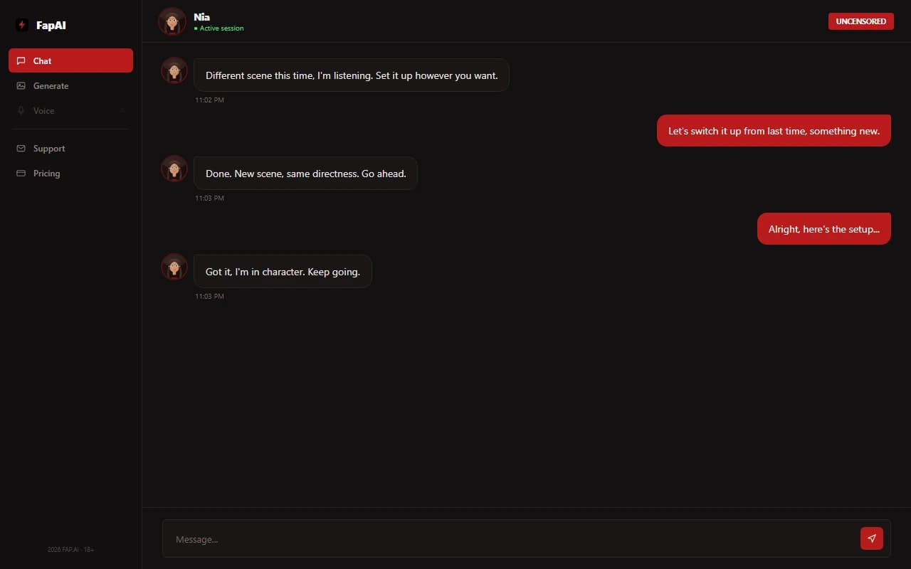 FapAI chat interface showing an explicit conversation with an AI character FapAI chat interface showing an explicit conversation with an AI character