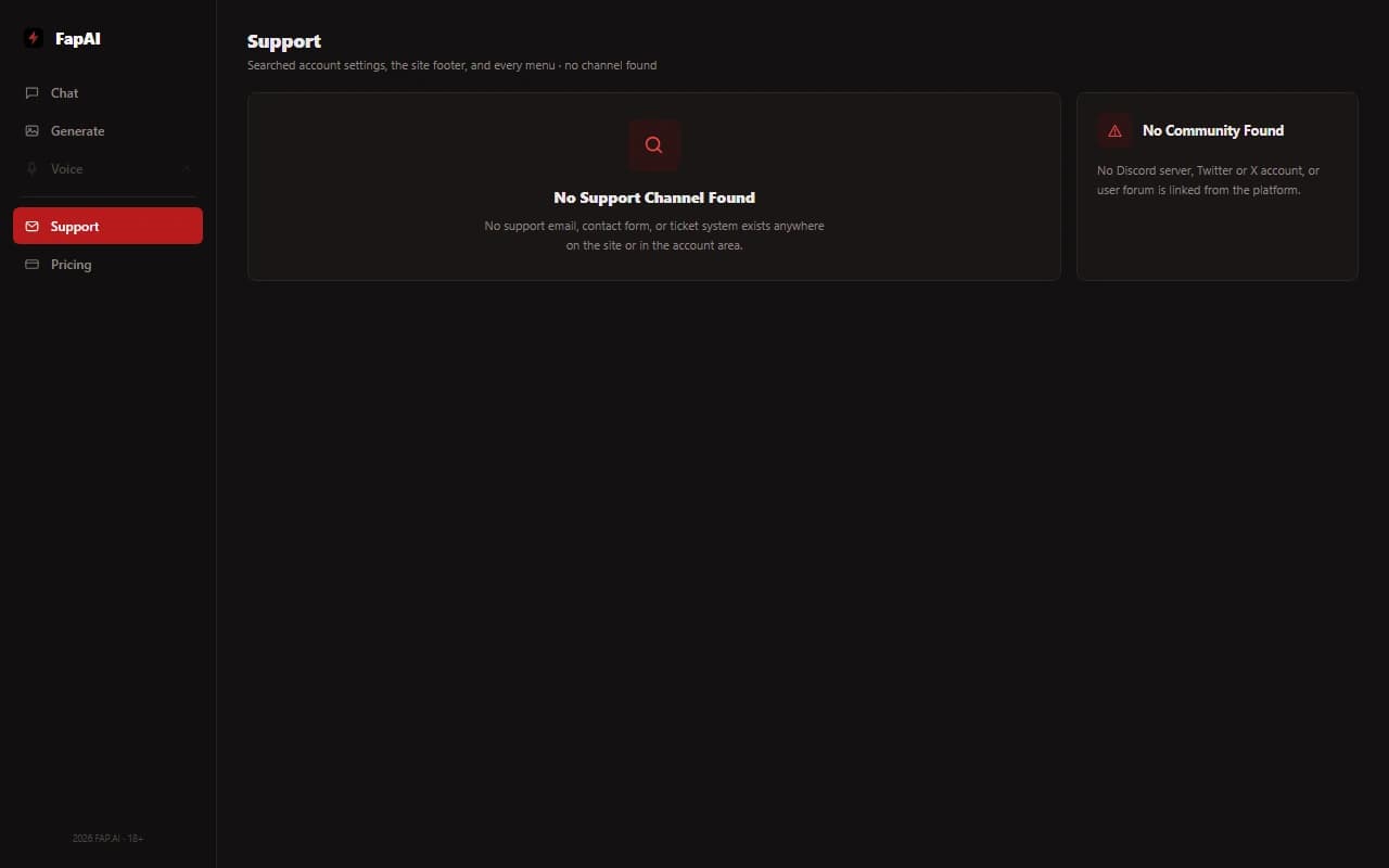 FapAI interface showing no support channel or help center found FapAI interface showing no support channel or help center found