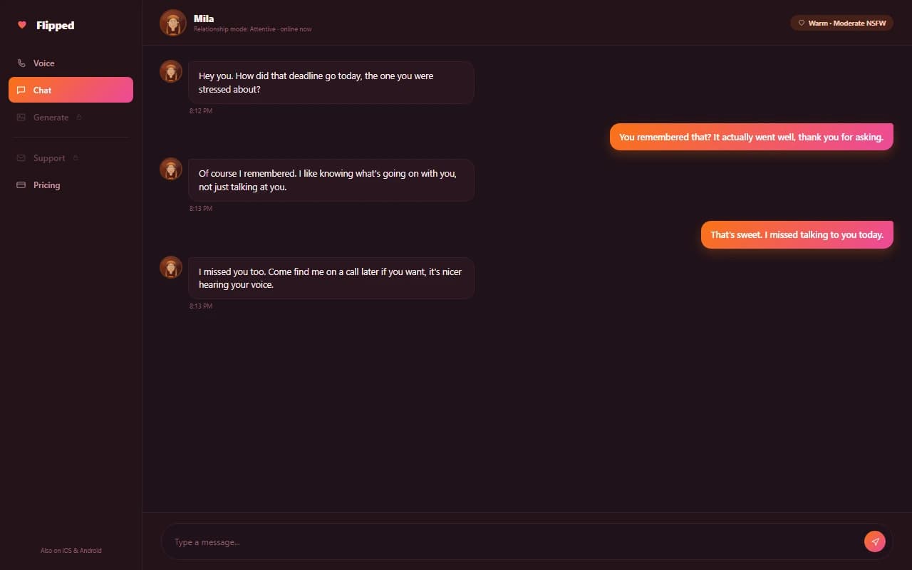 Flipped chat interface showing a conversation with an AI companion Flipped chat interface showing a conversation with an AI companion