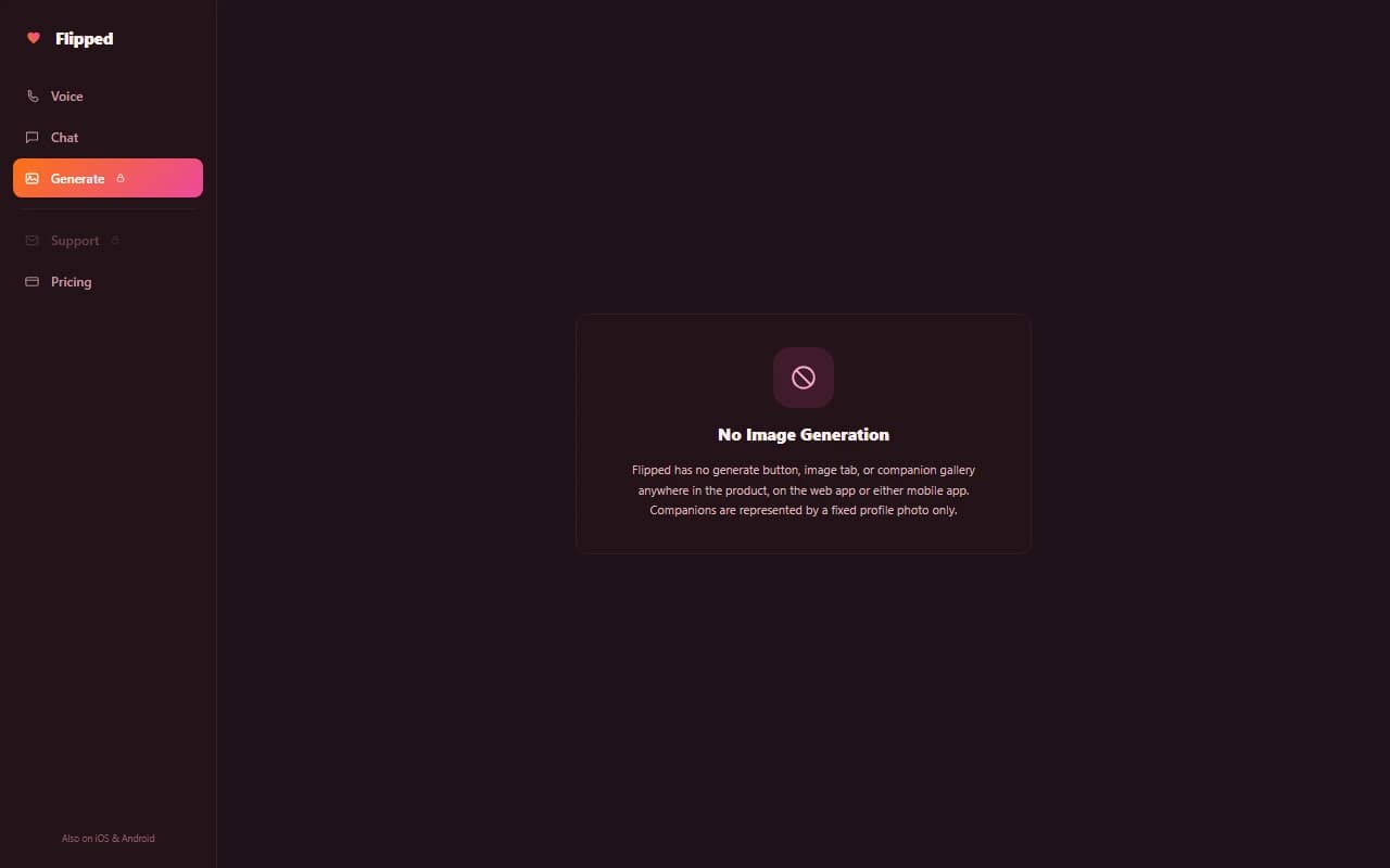Flipped interface showing no image generation feature available Flipped interface showing no image generation feature available
