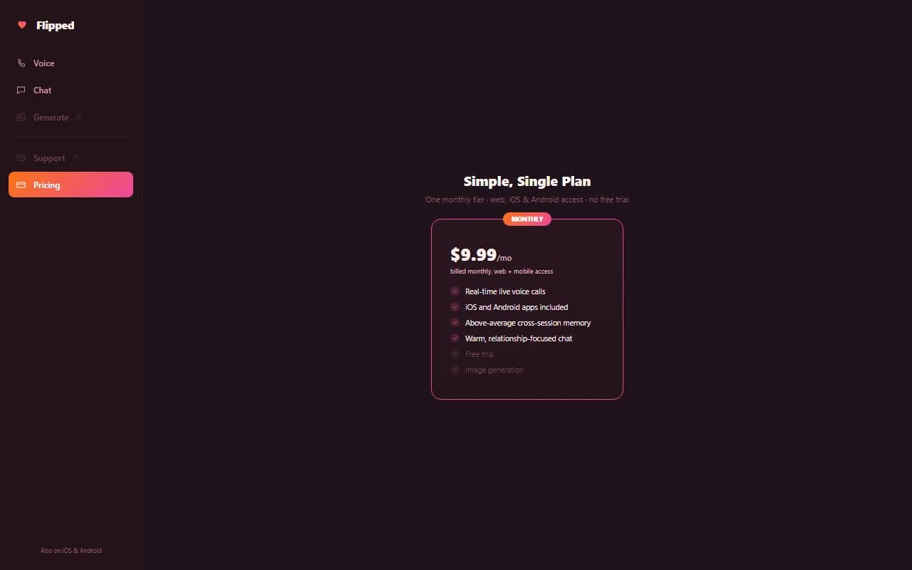 Flipped pricing page showing the $9.99 per month plan Flipped pricing page showing the $9.99 per month plan