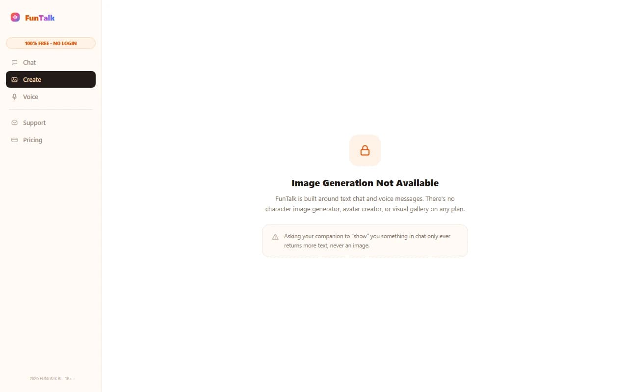 FunTalk.ai interface showing no image generation option available FunTalk.ai interface showing no image generation option available