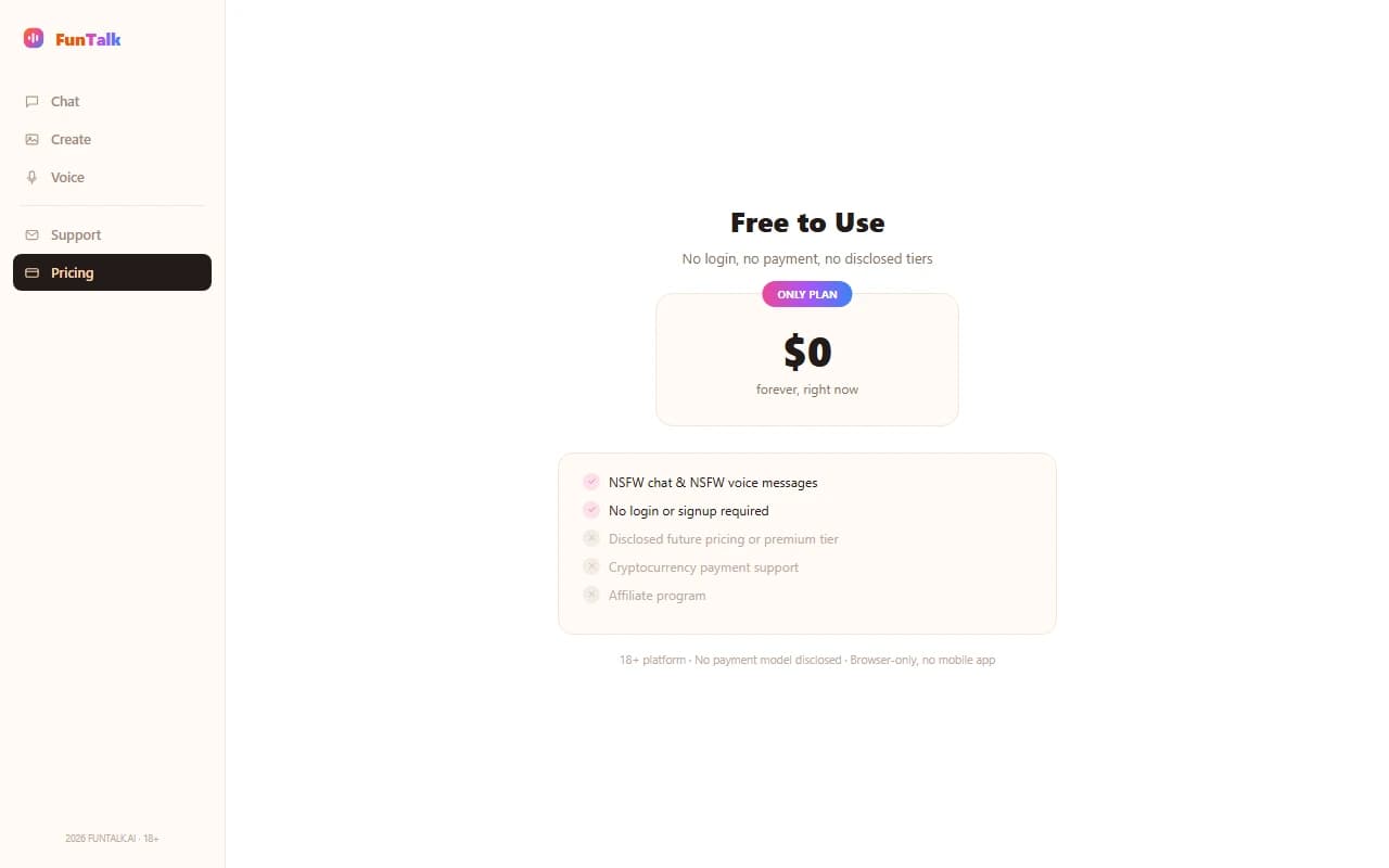 FunTalk.ai showing free, no-login access with no disclosed pricing tiers FunTalk.ai showing free, no-login access with no disclosed pricing tiers