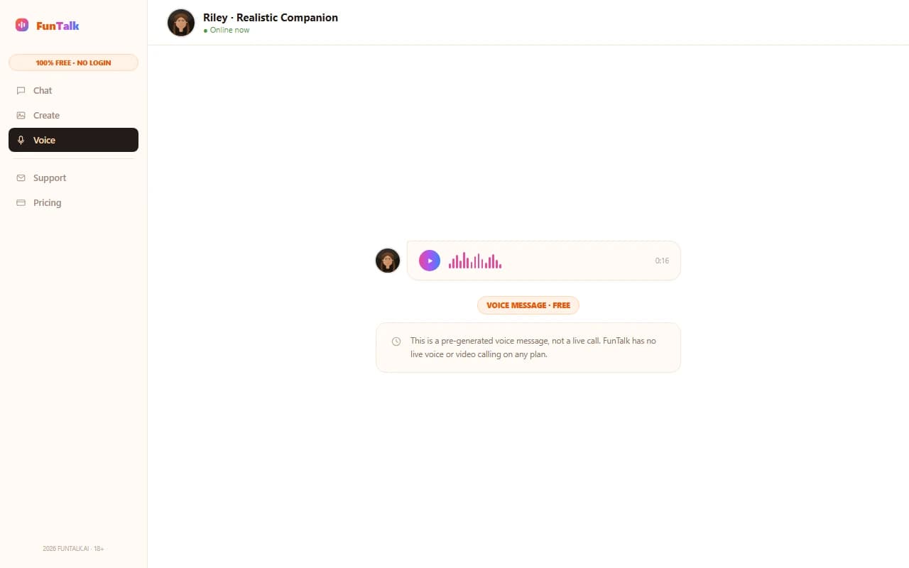 FunTalk.ai chat screen showing a played NSFW voice message with waveform and duration FunTalk.ai chat screen showing a played NSFW voice message with waveform and duration