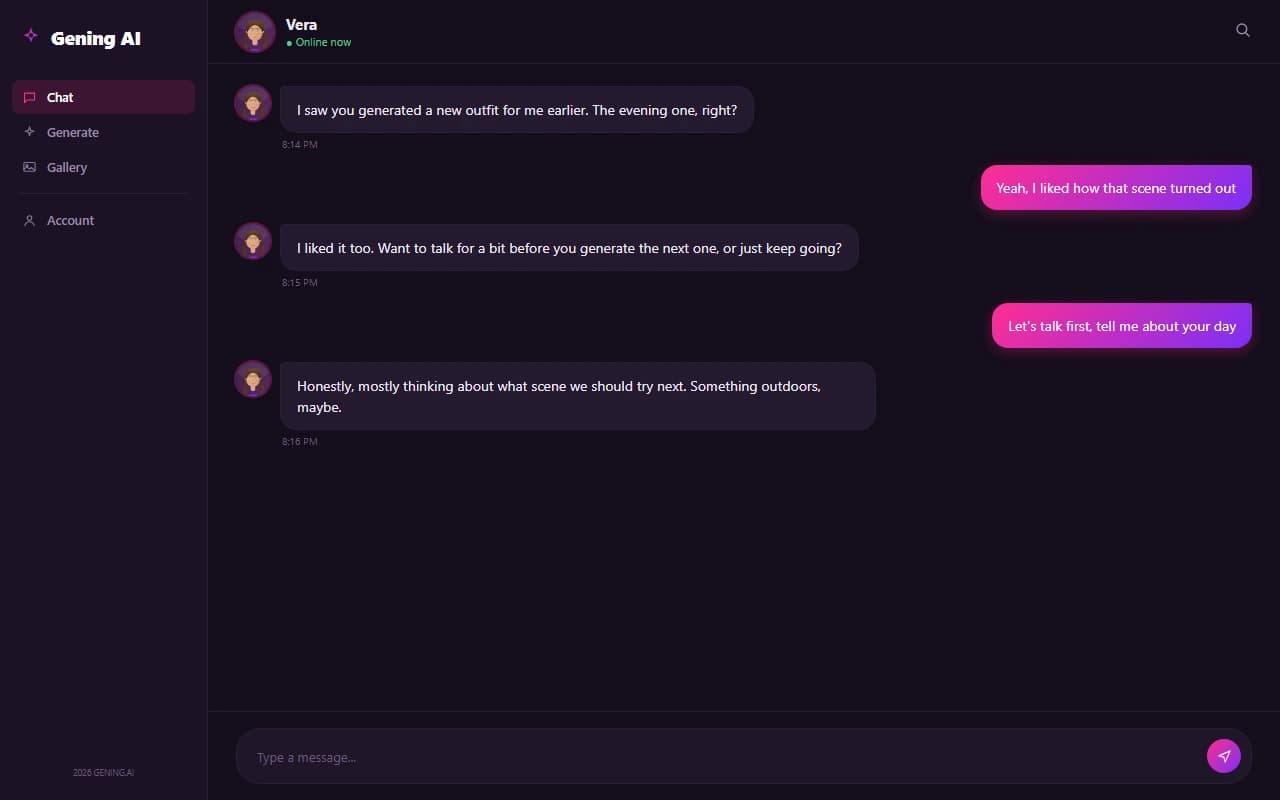 Gening AI companion chat interface showing a conversation with an AI companion Gening AI companion chat interface showing a conversation with an AI companion