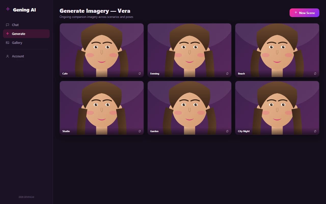 Gening AI image generation results grid showing AI-generated companion imagery across different scenarios Gening AI image generation results grid showing AI-generated companion imagery across different scenarios