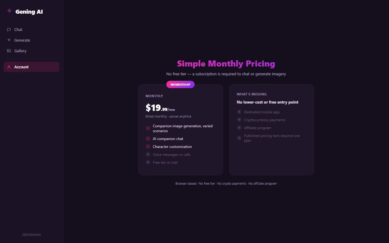 Gening AI pricing page showing the free daily credit allowance and paid credit pack tiers Gening AI pricing page showing the free daily credit allowance and paid credit pack tiers