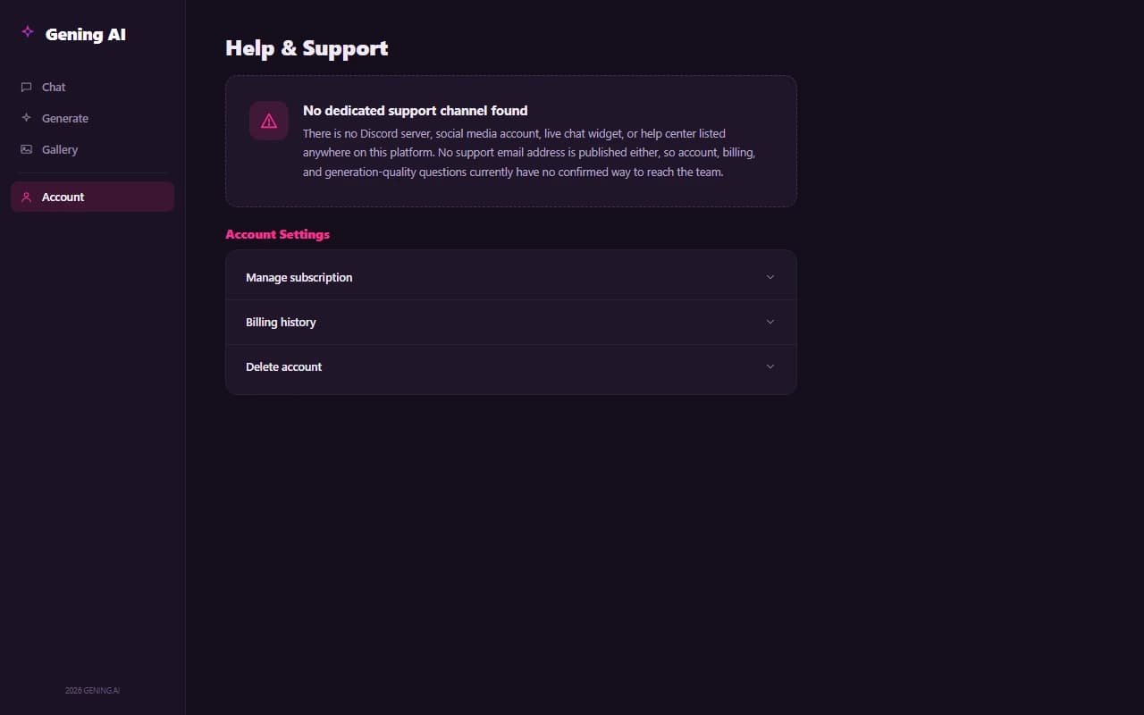 Gening AI help and support page showing no dedicated support channel found Gening AI help and support page showing no dedicated support channel found