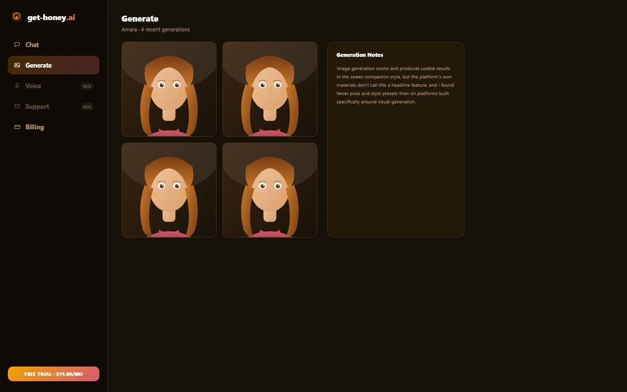 Get-Honey.ai image generation screen showing a set of generated companion portraits Get-Honey.ai image generation screen showing a set of generated companion portraits