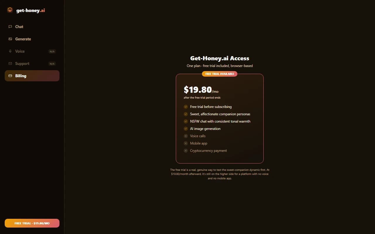 Get-Honey.ai pricing plan showing the free trial and $19.99 monthly subscription Get-Honey.ai pricing plan showing the free trial and $19.99 monthly subscription