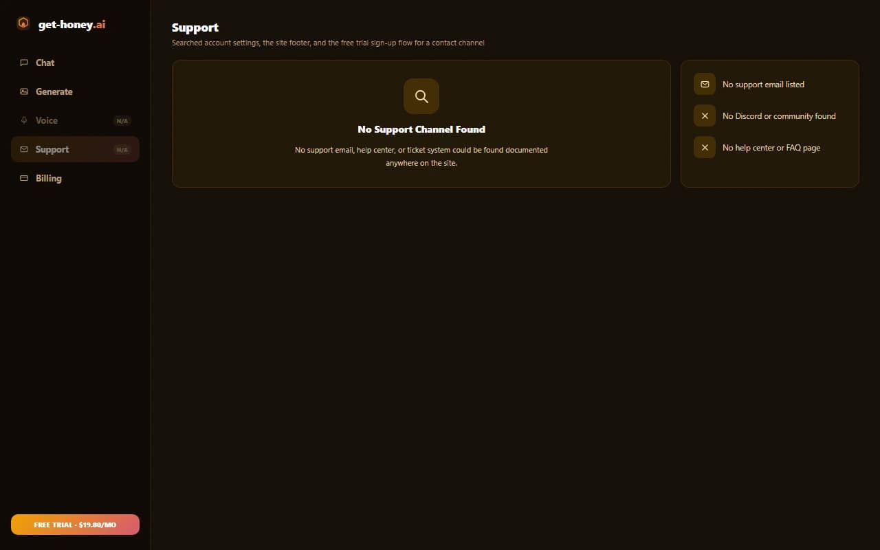 Get-Honey.ai account page with no support channel listed Get-Honey.ai account page with no support channel listed