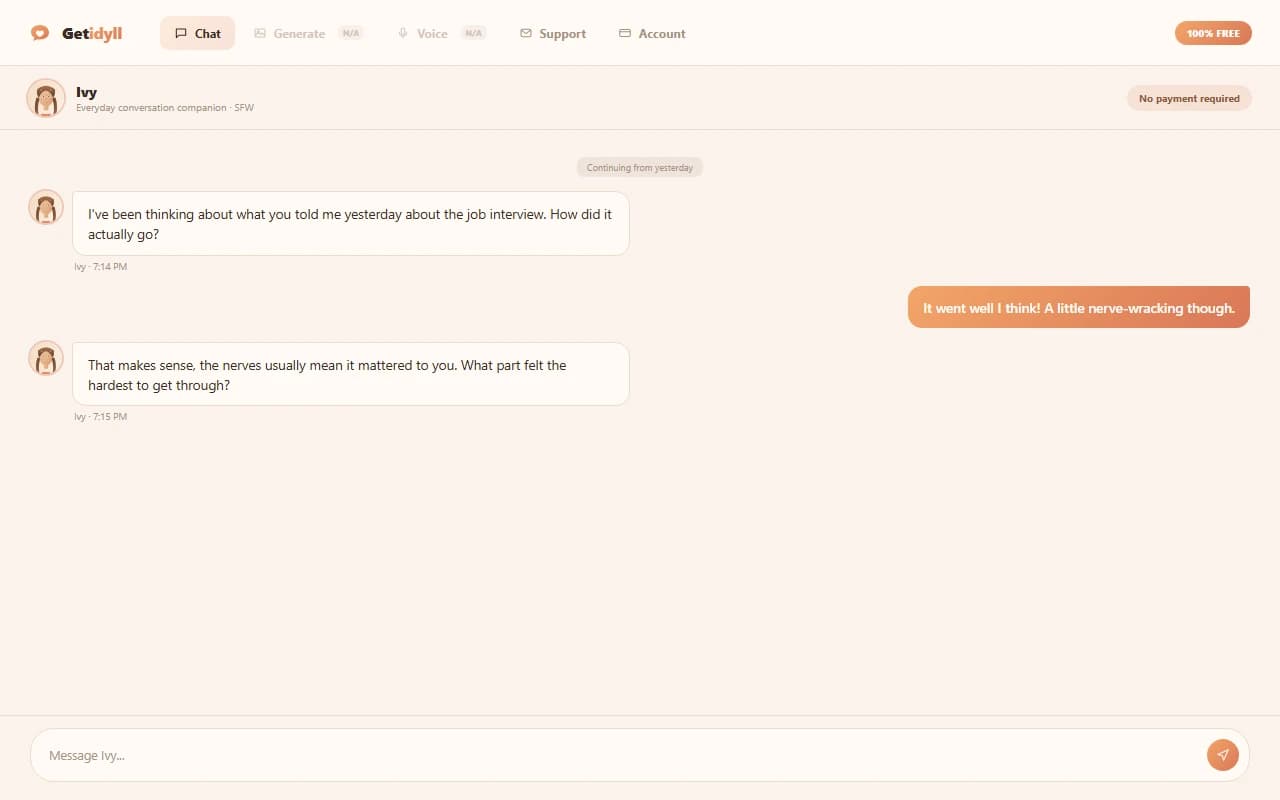 Getidyll chat interface showing a warm conversation with an AI companion Getidyll chat interface showing a warm conversation with an AI companion