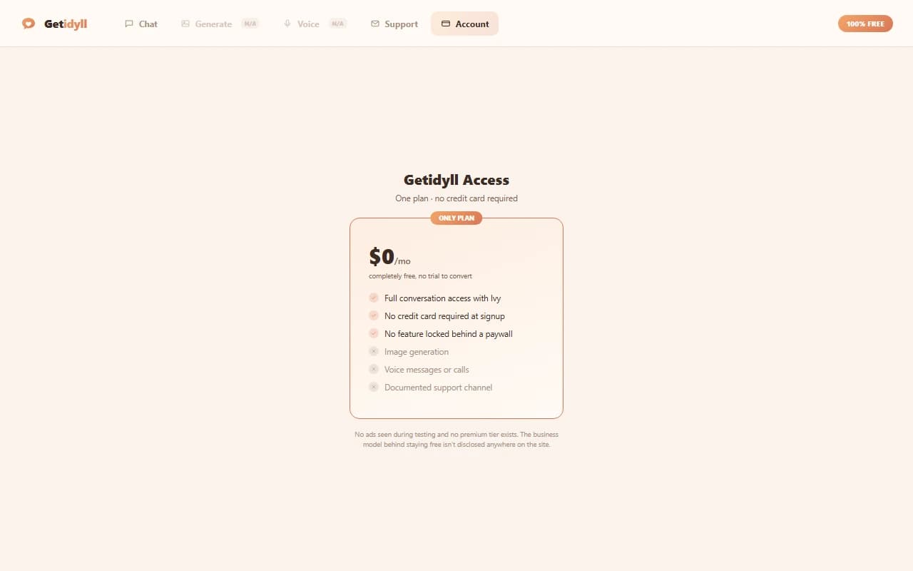 Getidyll pricing page showing free access with no payment required Getidyll pricing page showing free access with no payment required