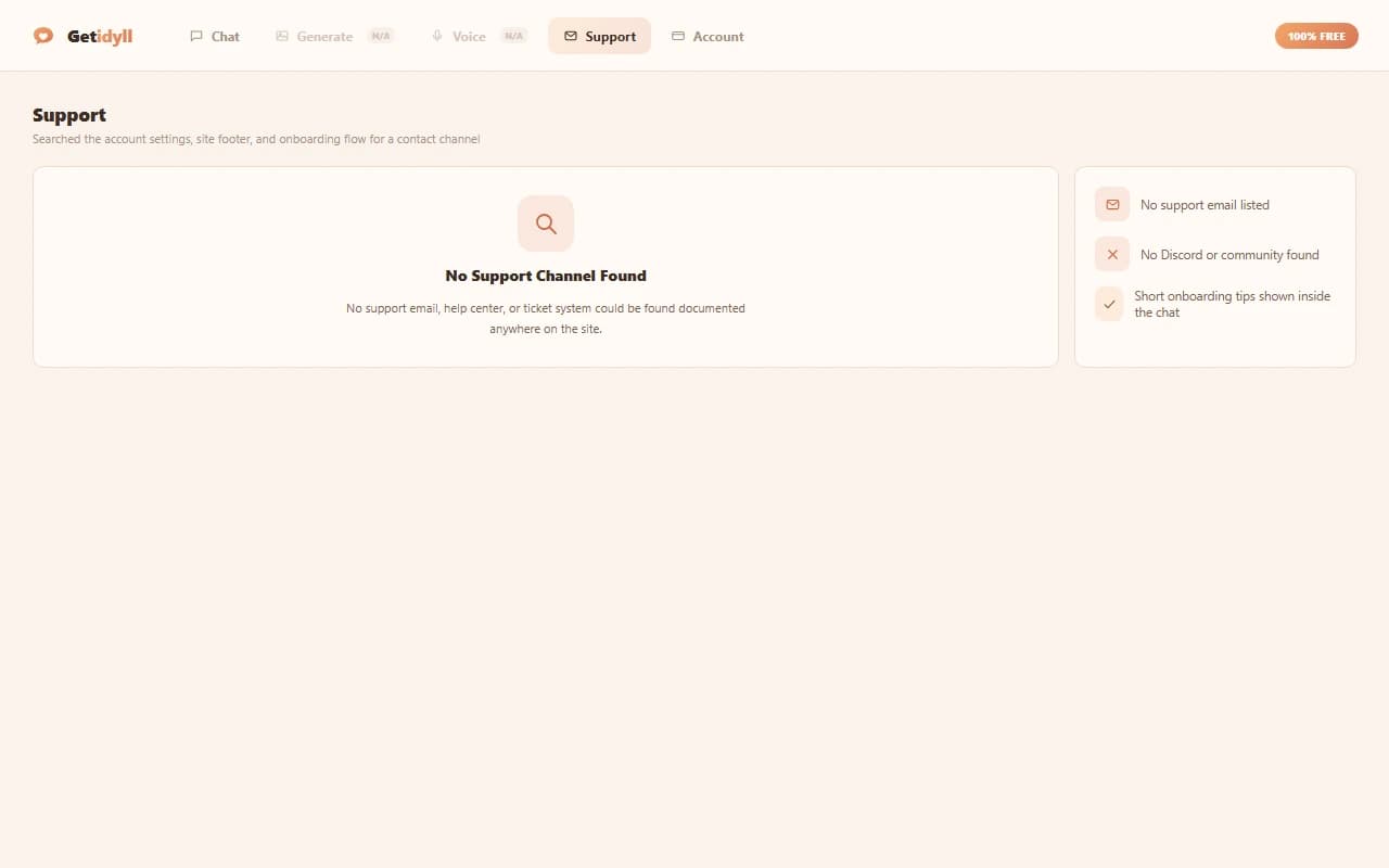 Getidyll support screen showing no support email, help center, or community channel could be found Getidyll support screen showing no support email, help center, or community channel could be found