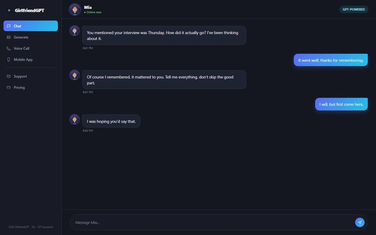 GirlfriendGPT chat conversation interface with a custom AI character GirlfriendGPT chat conversation interface with a custom AI character
