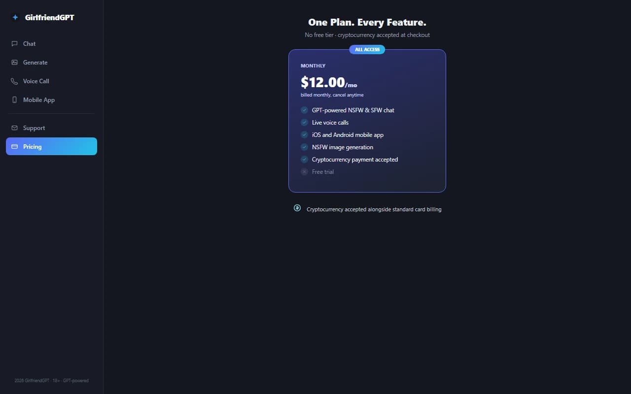 GirlfriendGPT pricing screen showing the single $12 per month subscription plan GirlfriendGPT pricing screen showing the single $12 per month subscription plan