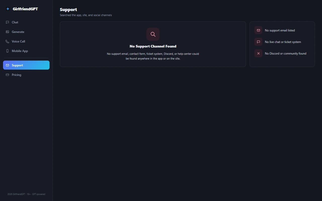 GirlfriendGPT interface showing no dedicated support channel found GirlfriendGPT interface showing no dedicated support channel found