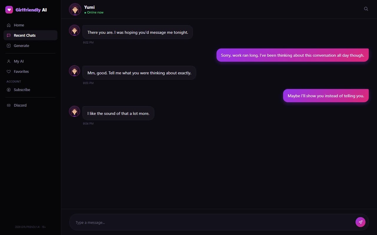 GirlFriendly.ai chat interface showing a conversation with an anime AI companion GirlFriendly.ai chat interface showing a conversation with an anime AI companion