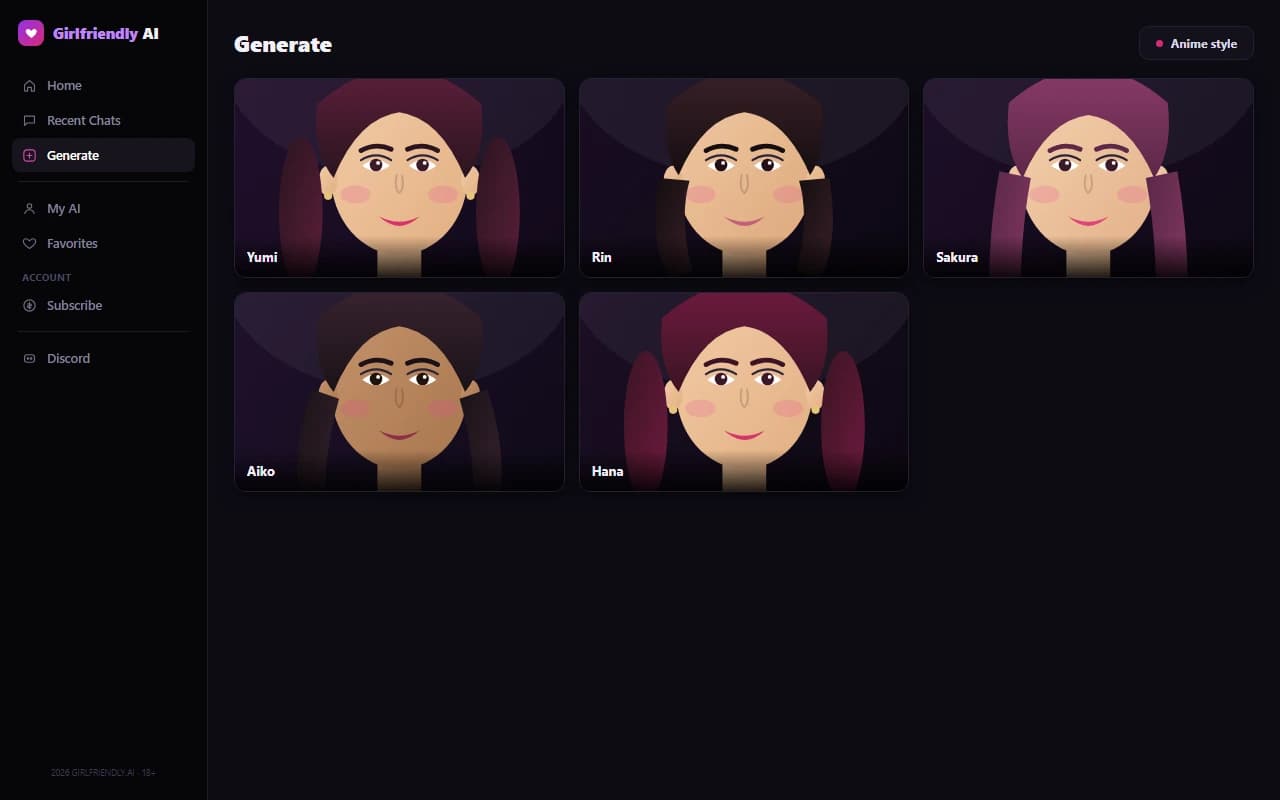 GirlFriendly.ai anime character image generation results grid GirlFriendly.ai anime character image generation results grid