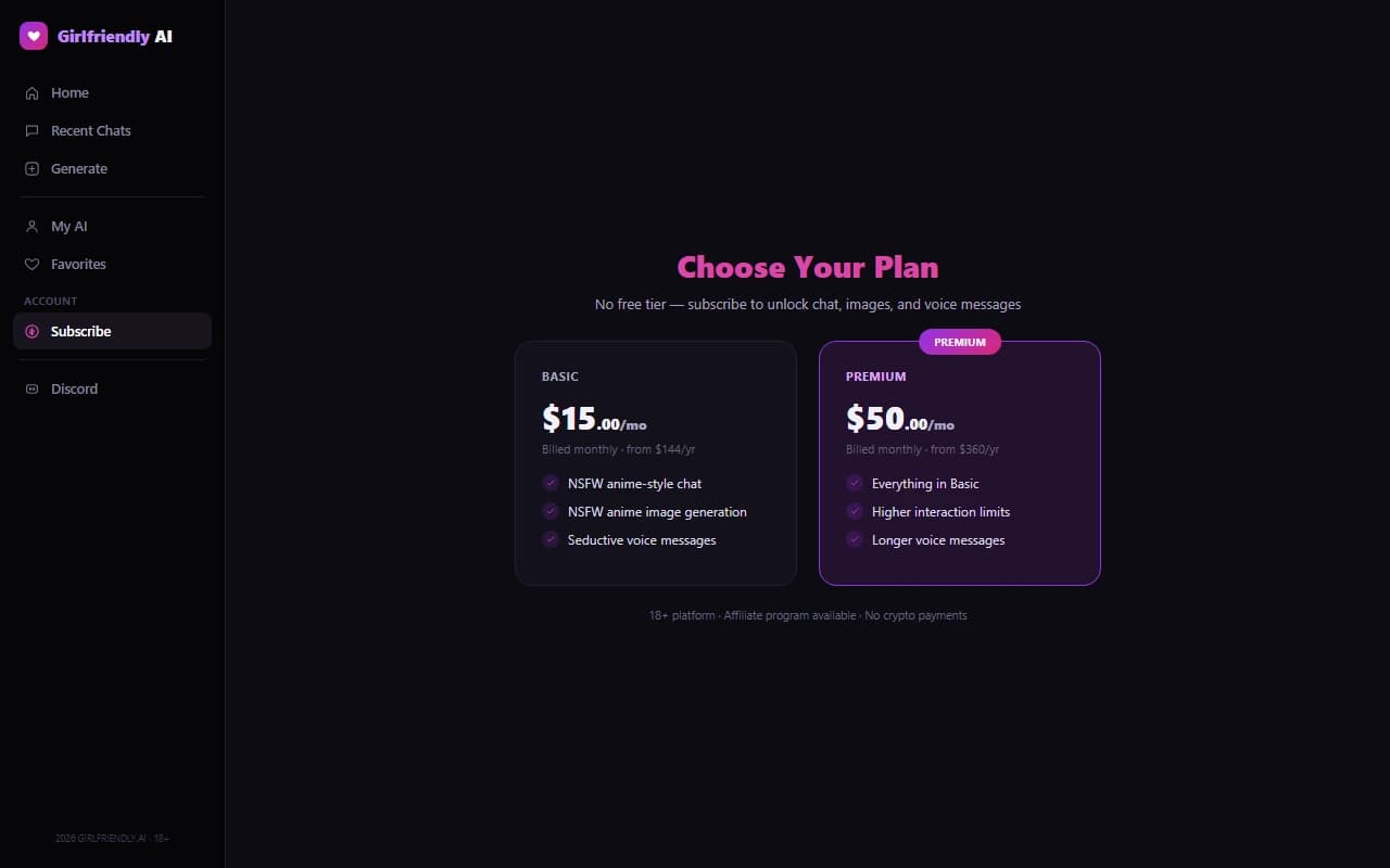 GirlFriendly.ai subscription pricing plans GirlFriendly.ai subscription pricing plans