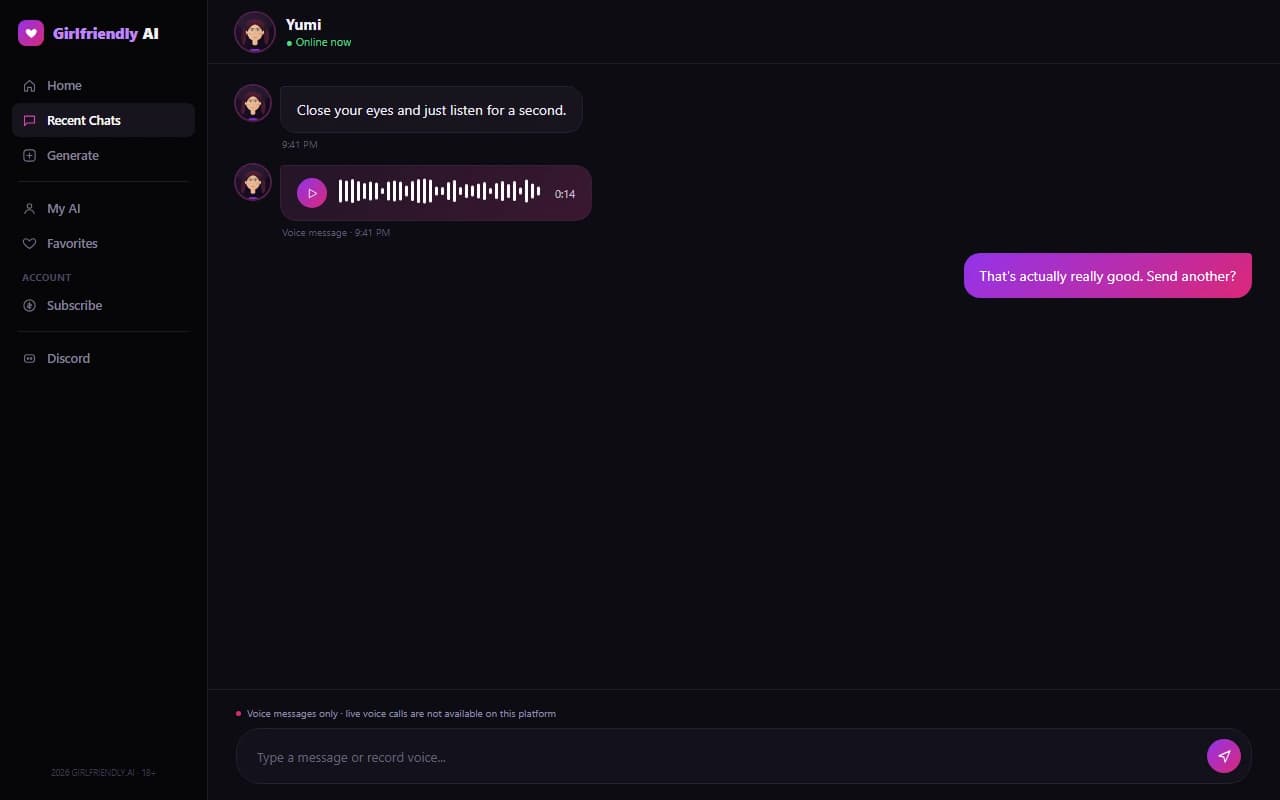 GirlFriendly.ai chat screen showing a voice message bubble with waveform and duration GirlFriendly.ai chat screen showing a voice message bubble with waveform and duration