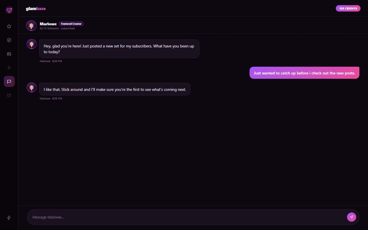 Glambase chat interface showing a conversation with a glamorous AI influencer persona Glambase chat interface showing a conversation with a glamorous AI influencer persona