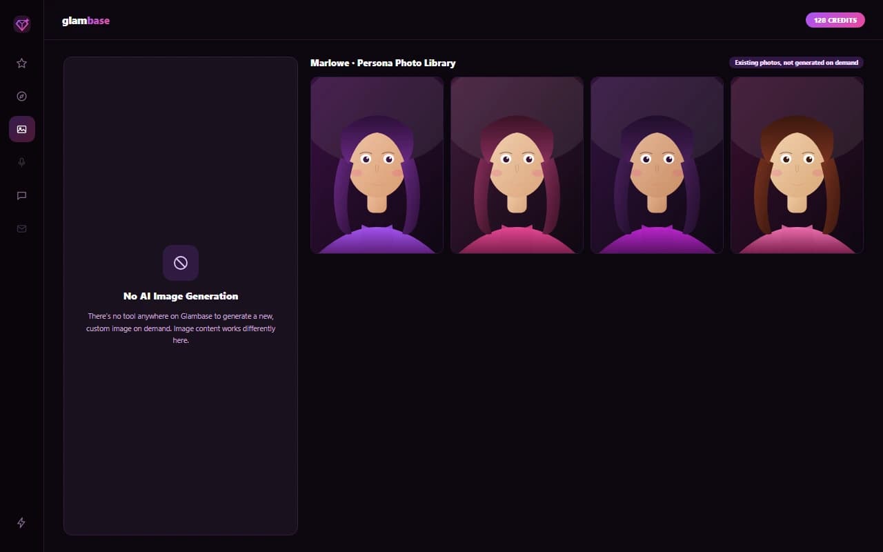 Glambase persona photo library screen showing existing creator images rather than a generation tool Glambase persona photo library screen showing existing creator images rather than a generation tool