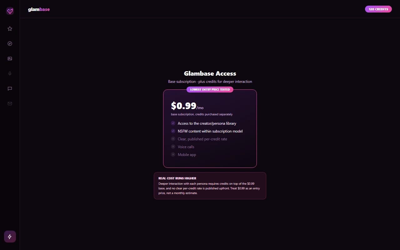 Glambase pricing screen showing the Starter plan alongside higher creator-tier options Glambase pricing screen showing the Starter plan alongside higher creator-tier options