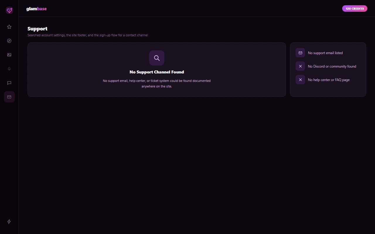 Glambase account page with no support channel listed Glambase account page with no support channel listed