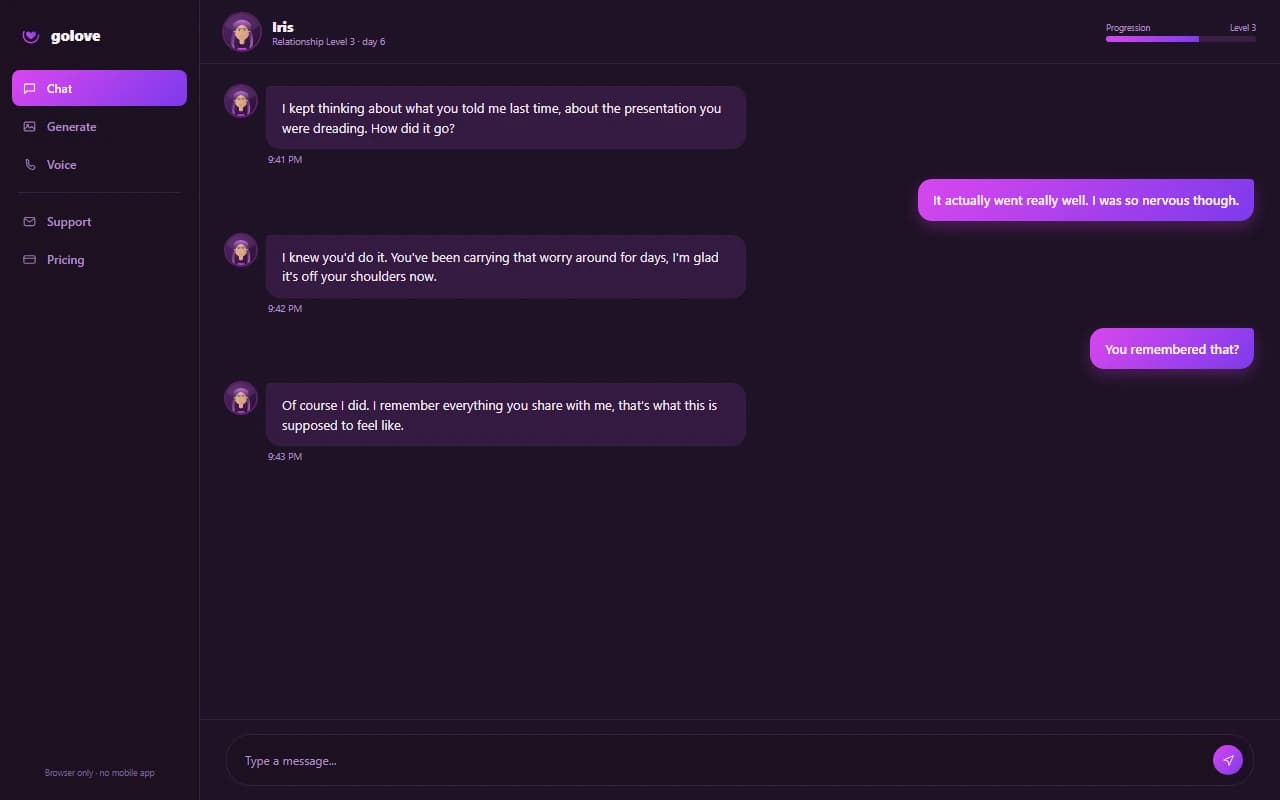 GoLove chat interface showing a warm conversation with relationship progression level indicator GoLove chat interface showing a warm conversation with relationship progression level indicator