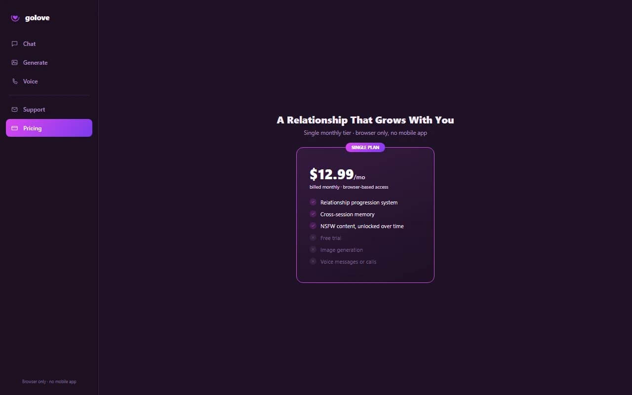 GoLove pricing screen showing the single $12.99 monthly plan GoLove pricing screen showing the single $12.99 monthly plan