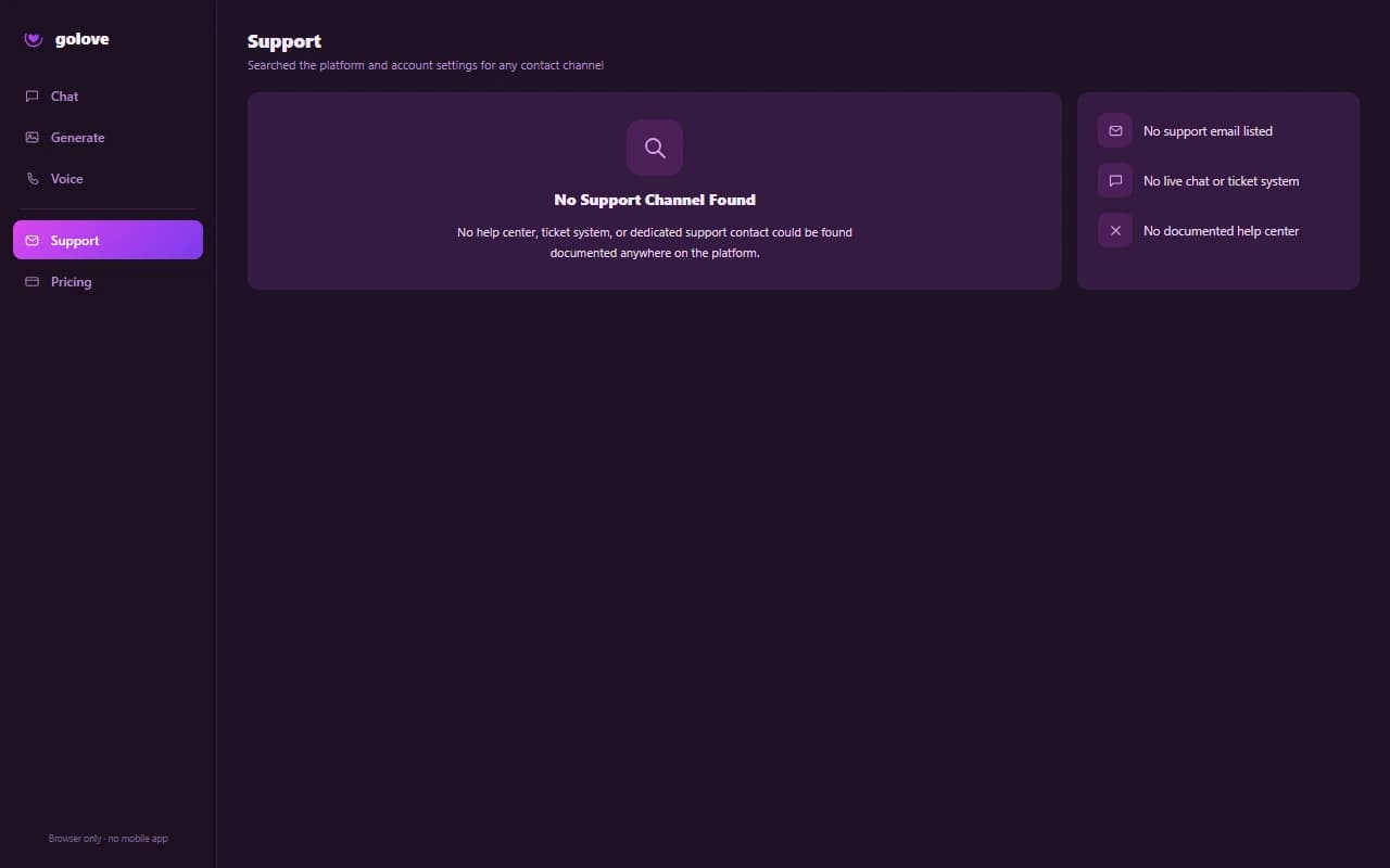 GoLove interface showing no support contact channel found GoLove interface showing no support contact channel found