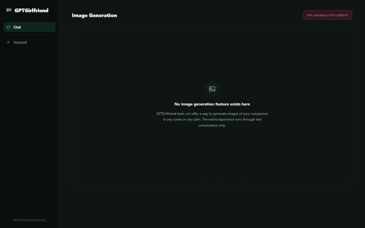 GPTGirlfriend chat screen showing no image generation feature available GPTGirlfriend chat screen showing no image generation feature available