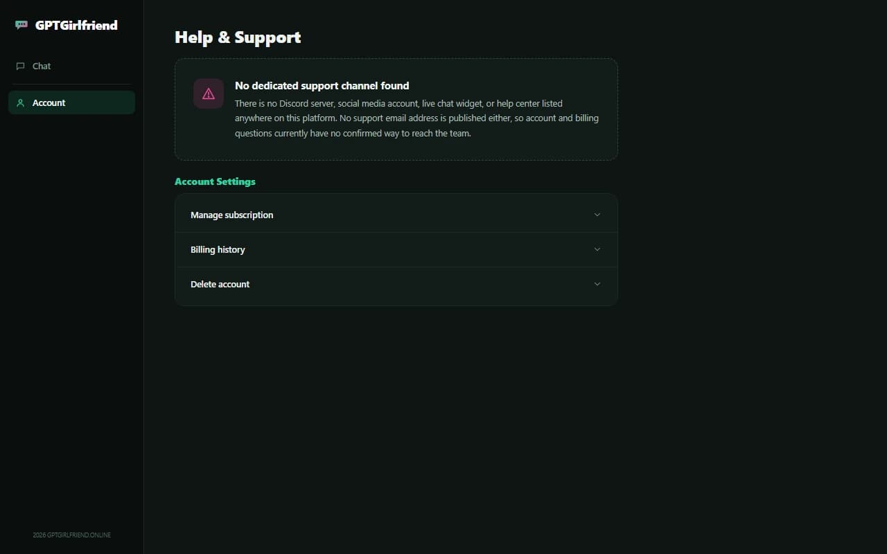 GPTGirlfriend account screen showing no dedicated support channel found GPTGirlfriend account screen showing no dedicated support channel found