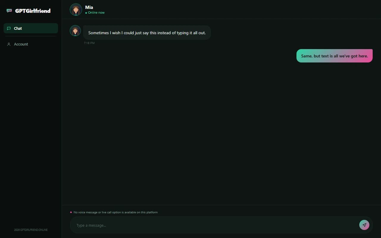 GPTGirlfriend chat screen showing no voice message or call option available GPTGirlfriend chat screen showing no voice message or call option available