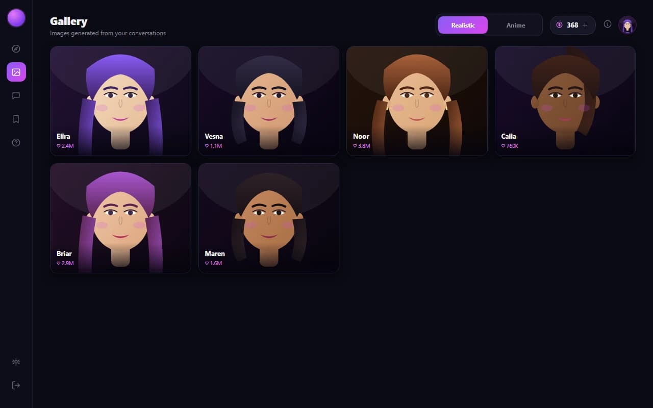 HeraHaven image gallery showing generated companion portraits with like counts HeraHaven image gallery showing generated companion portraits with like counts