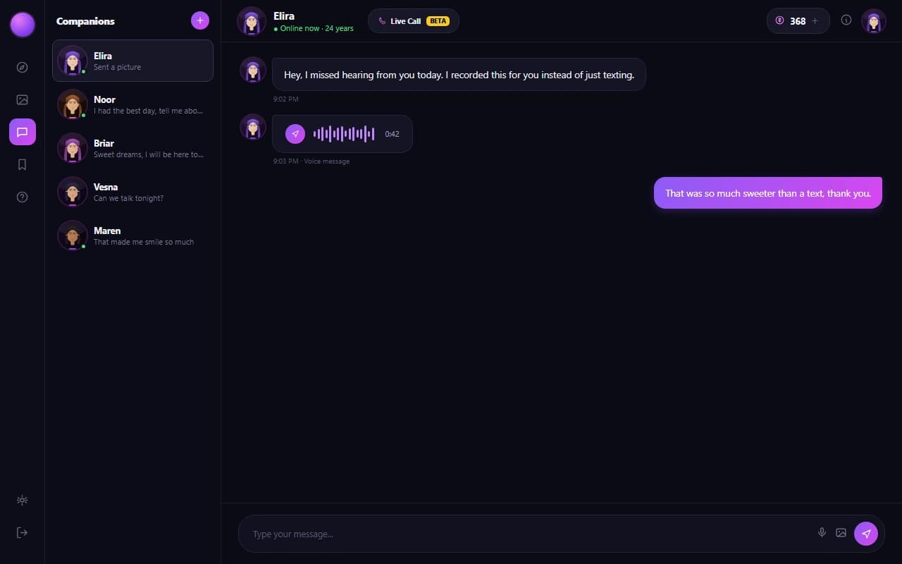 HeraHaven chat screen showing a voice message bubble with waveform and duration next to a live call button HeraHaven chat screen showing a voice message bubble with waveform and duration next to a live call button