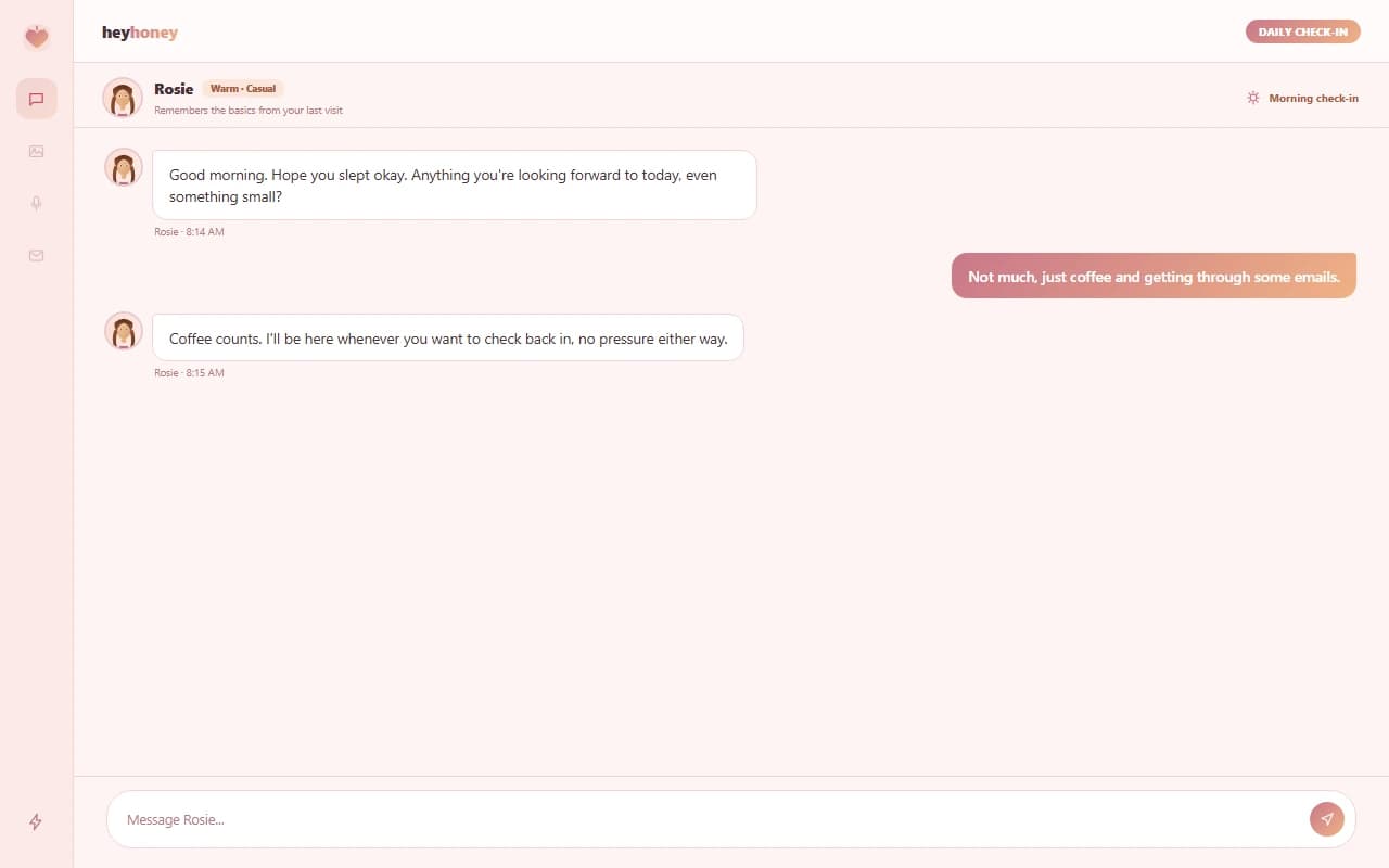HeyHoney chat interface showing a warm, casual daily check-in conversation with an AI companion HeyHoney chat interface showing a warm, casual daily check-in conversation with an AI companion