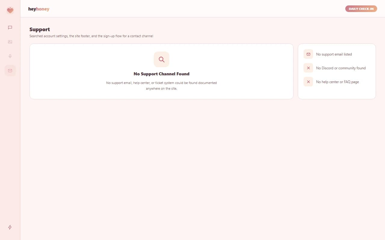 HeyHoney account settings page with no support channel listed HeyHoney account settings page with no support channel listed