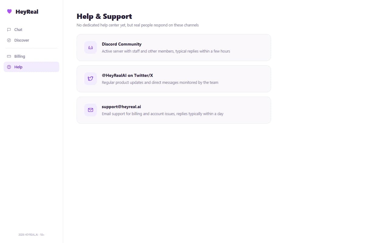 HeyReal help screen showing Discord, Twitter, and email contact channels HeyReal help screen showing Discord, Twitter, and email contact channels